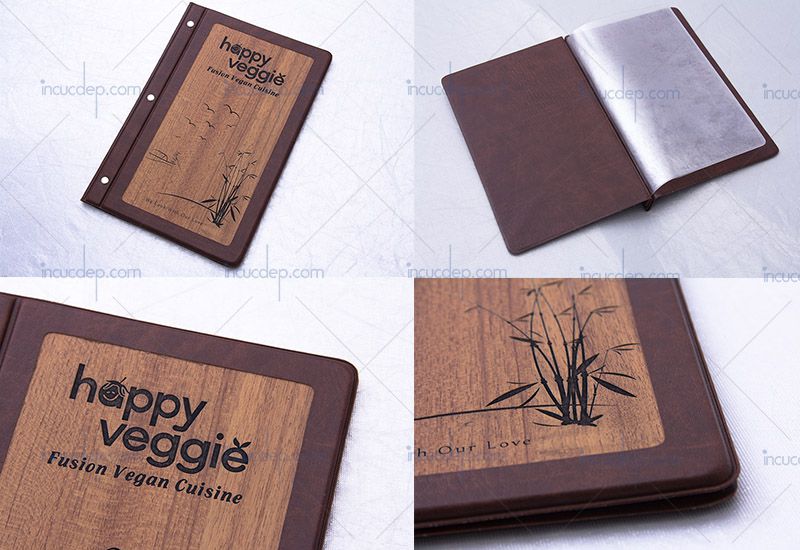 Menu bìa gỗ nhà hàng - menu 1 bìa gỗ sử dụng lá nhựa siêu bền