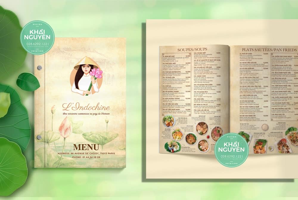 In menu bìa cứng với thiết kế phong cách Việt nổi bật