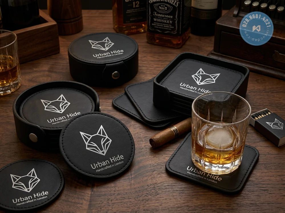 Lót ly da PU ép kim logo cao cấp