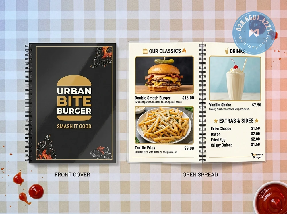 in so luong lon thuc don menu plastic lo xo my tho