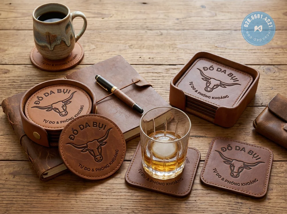 đế lót ly in logo theo yêu cầu chất liệu da PU